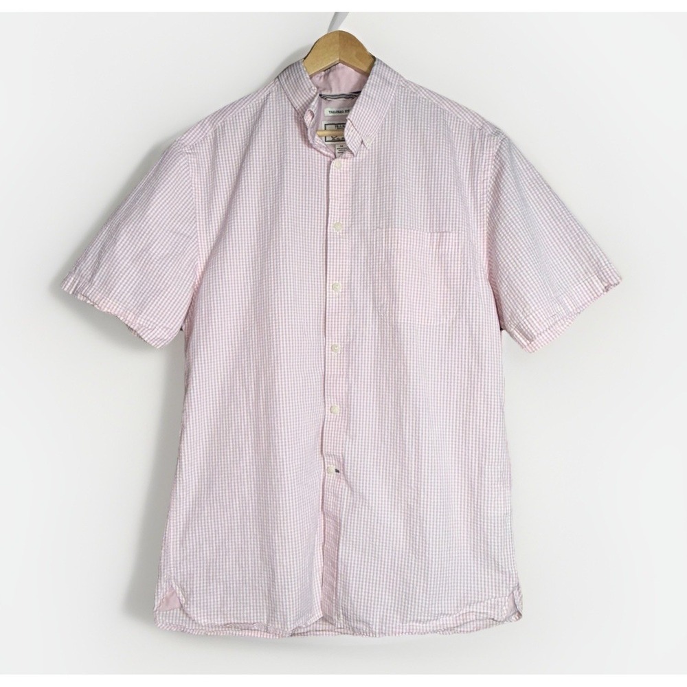 Jos A. Bank Men's Tailored Fit Pink White Gingham Seersucker SS Shirt Size M